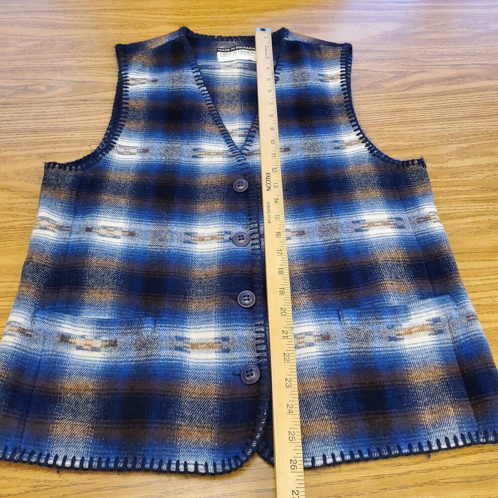 First In Fashion Collectible Blue Plaid Wool Vest Large - Picture 8 of 10